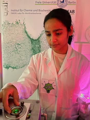 Cell biologist Dr. Purba Kashyap uses a pulse of light to release protein molecules within a cell.