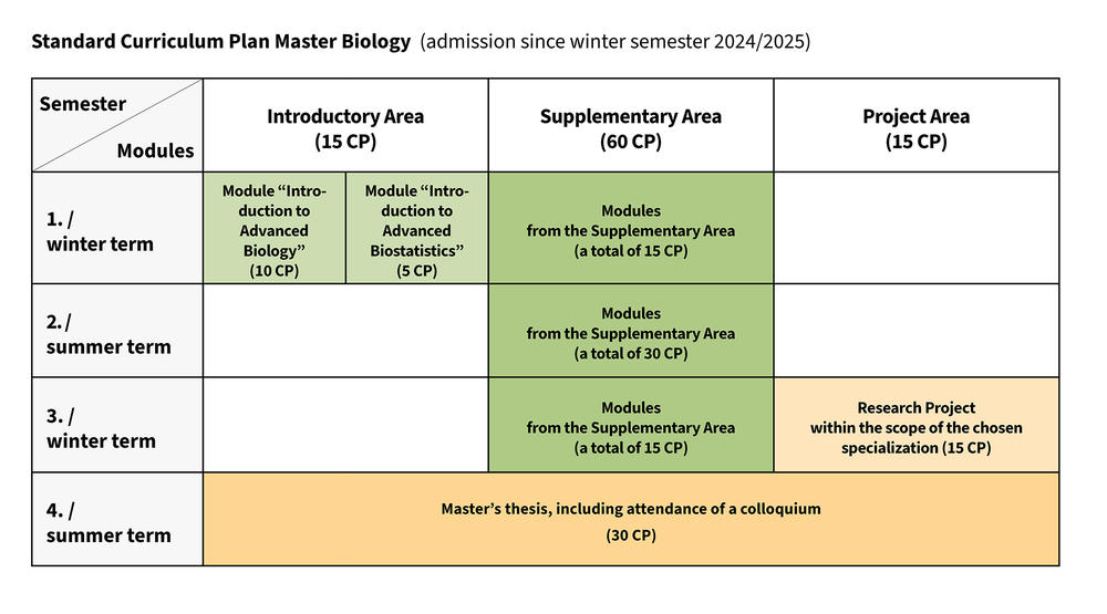 Standard curriculum plan of the Master’s Degree Program Biology (admission since winter semester 2024/2025)