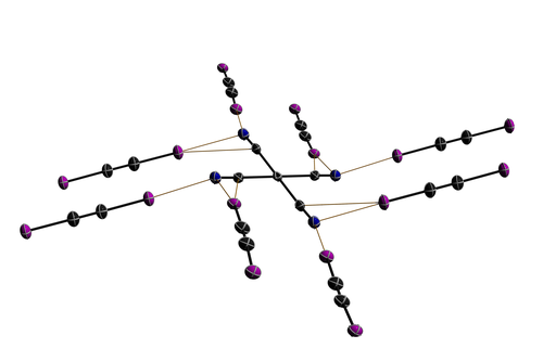Tetracyanomplatinat(II) Dianion, welches im Festkörper acht Diiodoacetylenmoleküle koordiniert