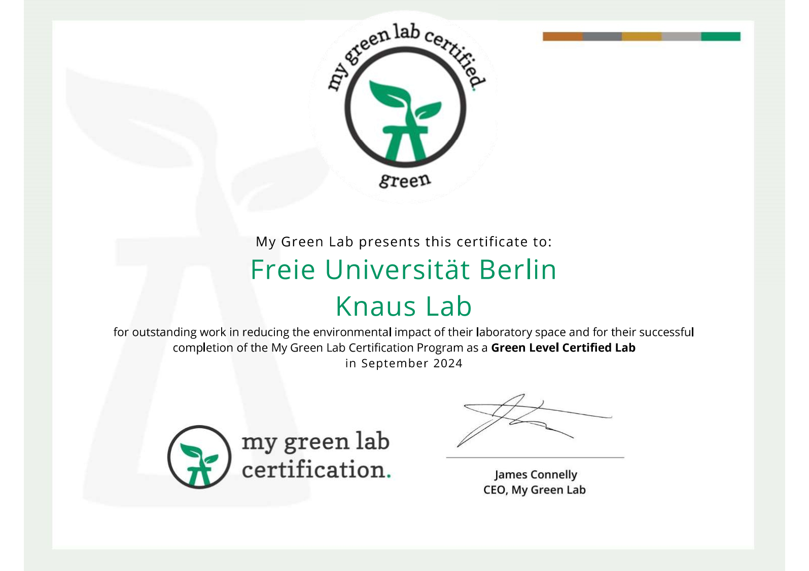 Abbildung der Urkunde für die Zertifizierung der Arbeitsgruppe Knaus mit Logo des Anbieters und Unterschrift des CEO James Conelly von My Green Lab