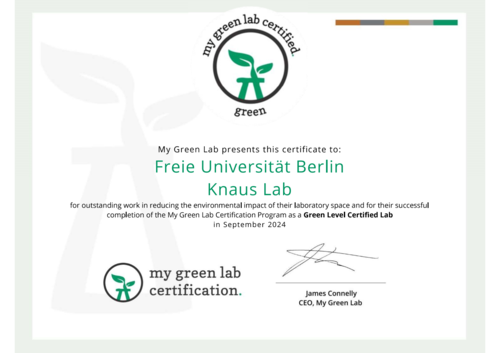 Abbildung der Urkunde für die Zertifizierung der Arbeitsgruppe Knaus mit Logo des Anbieters und Unterschrift des CEO James Conelly von My Green Lab